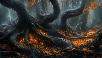 Glowing Roots in a Mystical Autumn Forest