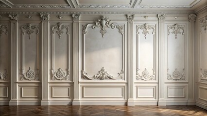 Fototapeta premium Elegant Cream-Colored Wall Paneling with Intricate Ornate Details and a Hardwood Floor