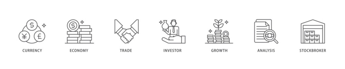 Forex icon set flow process which consists of currency, economy, trade, investor, growth, analysis and stockbroker icon live stroke and easy to edit .