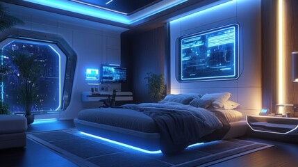 Futuristic Smart Bedroom with Neon Lighting and City View