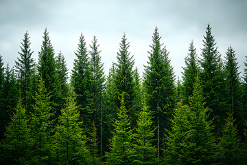 Obraz premium Evergreen forest, cloudy sky, nature backdrop