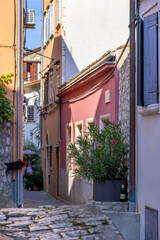 Rovinj, Croatia narrow street with colorful houses