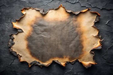 A charred parchment sheet with uneven edges rests on a dark textured surface, suggesting a story of loss or forgotten history.