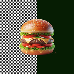 3D rendering of a hamburger, Tasty Double Cheeseburger with Lettuce, Tomato, and Onion on transparent background, png, psd
