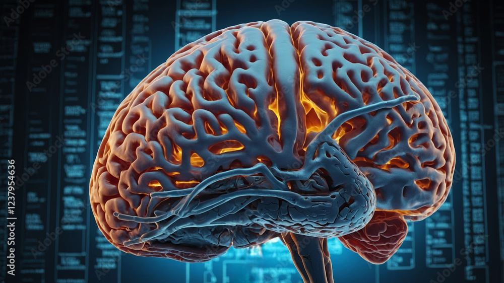 Poster unique representation of human brain highlighting neural connections and activity in a digital envir