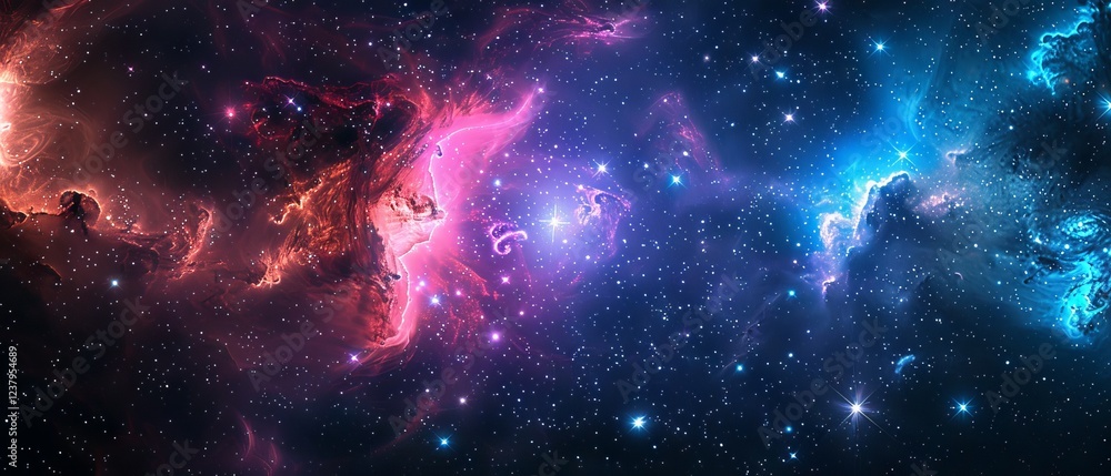 Poster vast colorful nebula with glowing planets and distant galaxies illuminating the depths of outer spac