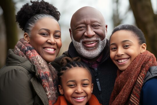 Portrait of happy multi generational african american family smiling together outdoors