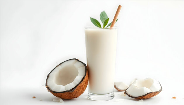 Coconut milk smoothie, whole coconut, cracked coconut, tropical drink, white glass, straw, palm leaf, natural light, soft textures, beige background, health food photography, refreshing beverage, orga