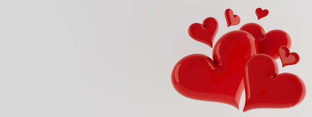 Festive red hearts Valentine's day background  - heap of glossy hearts flying on white background, banner for web, border, copy space. 3D illustration for advertising, design, poster, card, flyer.