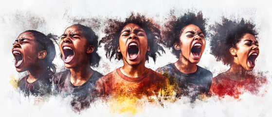 Youthful voices united in passionate protest amid a gray backdrop capturing raw emotion and determination