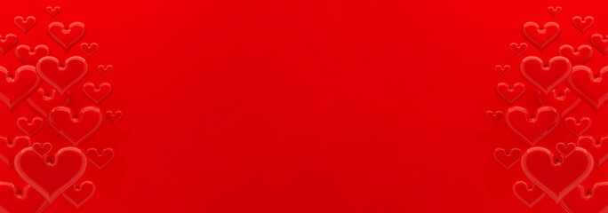 Red glossy hearts as pattern, banner for web with border, copy space for text on red background. Love hearts wallpaper. Valentine's day. 3D illustration for advertising, design, poster, card, flyer.