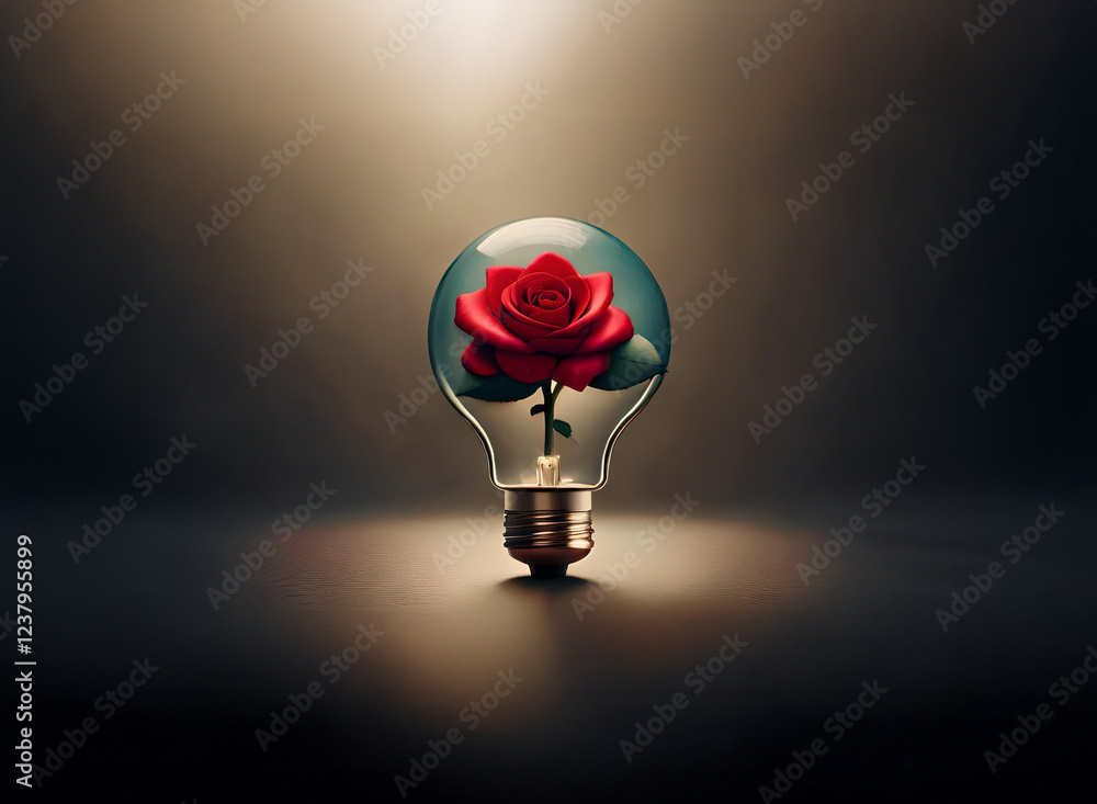 Poster a single red rose blooms inside a clear glass lightbulb, illuminated from above, creating a surreal 