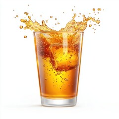 flying glass of orange soda with bright bubbly splashes, isolated on a white background