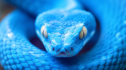 A close-up of a blue viper snake's face.