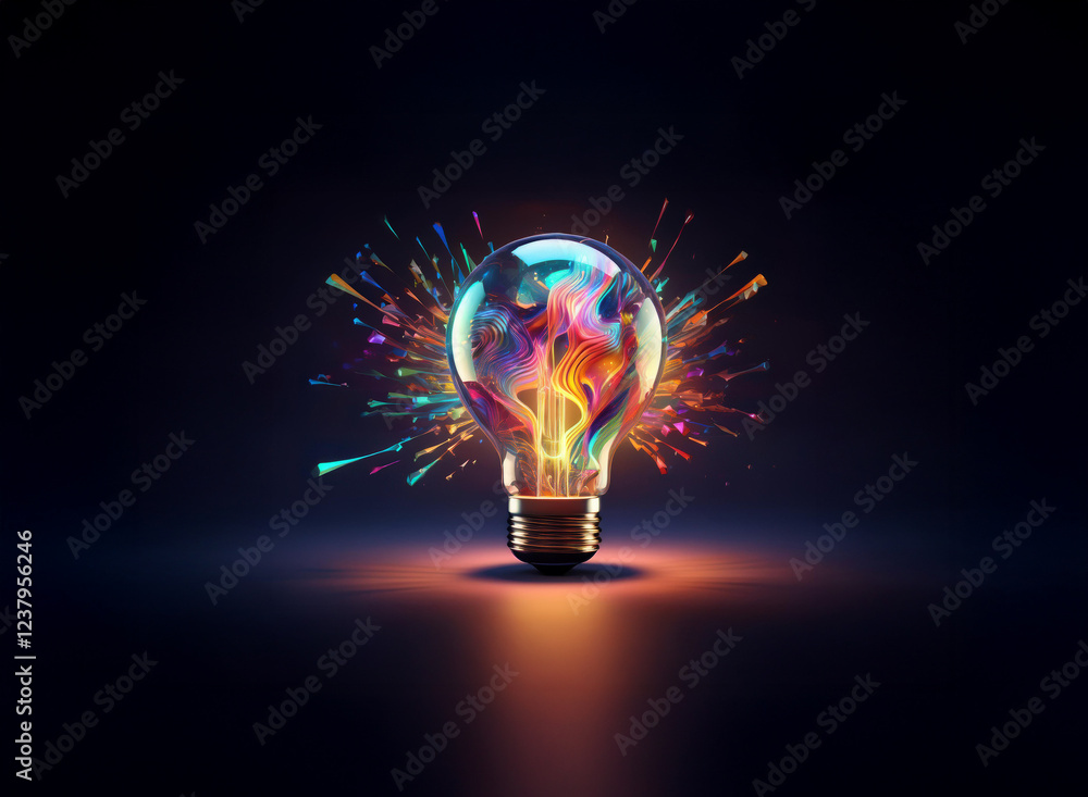 Poster a vibrant lightbulb explodes with multicolored paint splatter, symbolizing creativity and innovation