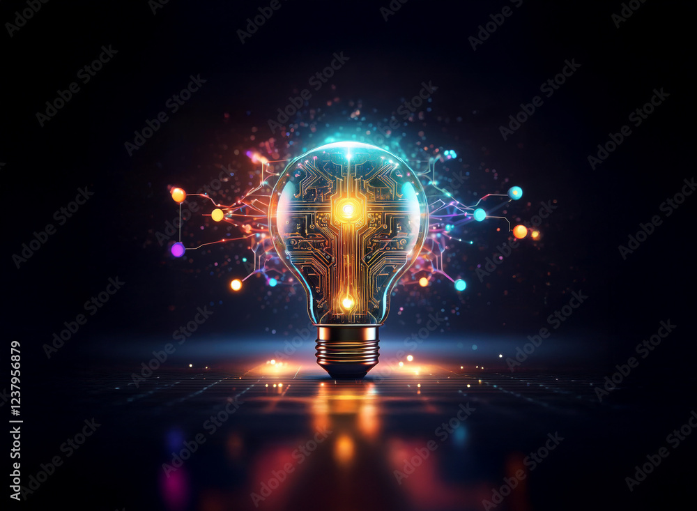 Poster a glowing lightbulb, its filament replaced by intricate circuitry, bursts with vibrant energy and in