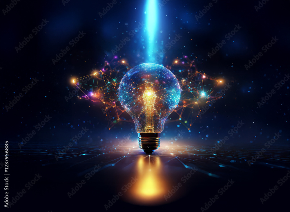 Poster a glowing lightbulb, seemingly made of connected nodes, is illuminated from above by a beam of light