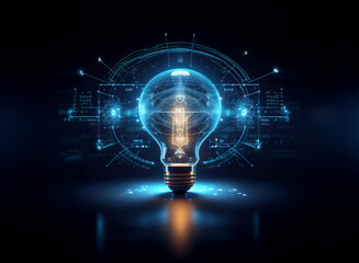 A glowing lightbulb, symbolic of innovation, is surrounded by futuristic digital interfaces and data streams, representing technological advancement and the bright ideas it sparks.
