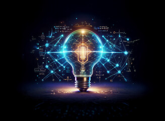 A glowing lightbulb,  illuminated with vibrant energy, is encircled by complex mathematical formulas and interconnected nodes, symbolizing innovative ideas and technological breakthroughs.