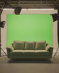 A green sofa in front of a green screen, designed for photo or video production.