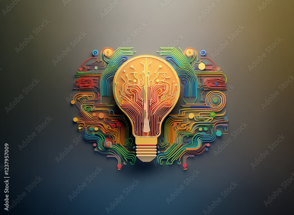 Poster a vibrant, abstract lightbulb design features intricate circuitry resembling a brain, symbolizing in