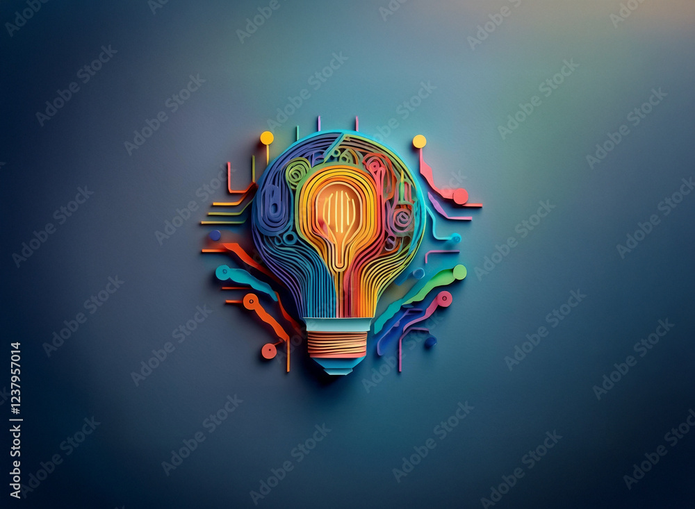 Aufkleber a vibrant, multicolored lightbulb shaped from layered paper, intricately detailed with circuit-like 