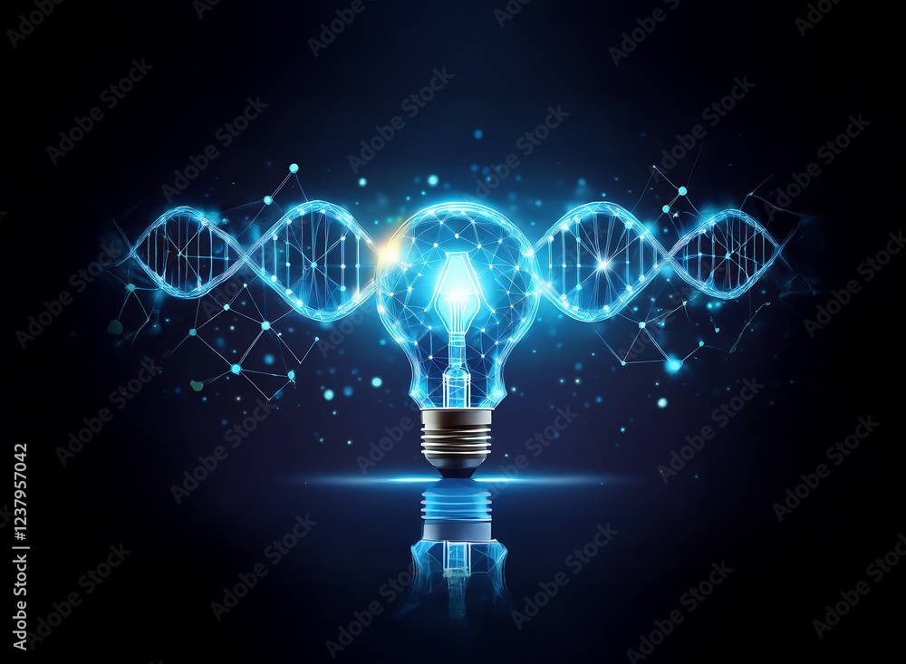 Leinwandbilder a glowing lightbulb, formed from dna strands and connected nodes, symbolizes innovative breakthrough