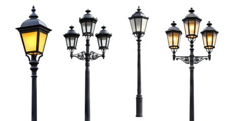 Set of vintage street lamp posts, isolated on transparent cutout background