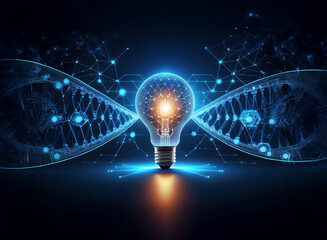Glowing lightbulb at center, flanked by DNA-like structures, symbolizes innovative ideas and genetic breakthroughs in technology.  Network connections highlight technological advancement.