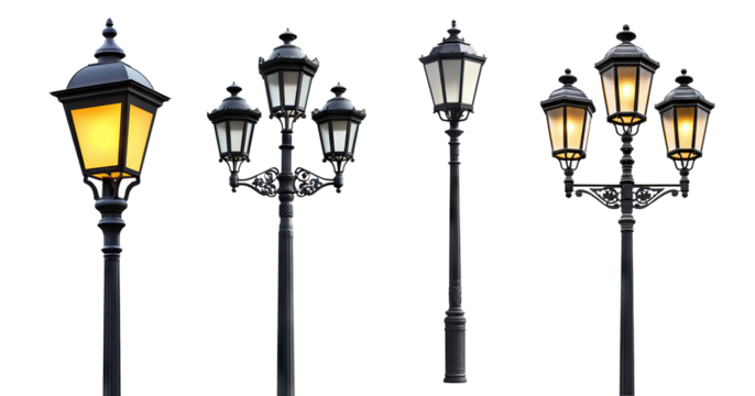 Set of vintage street lamp posts, isolated on transparent cutout background