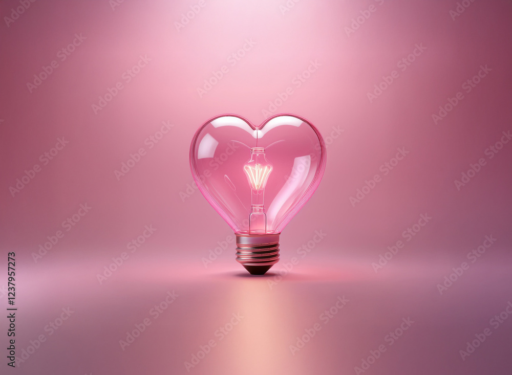 Poster a glowing heart-shaped lightbulb sits on a pink surface, casting a soft light. the image evokes feel