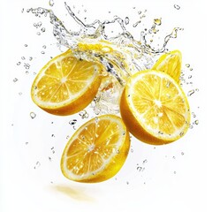 flying lemon-infused water with bright splashes and floating lemon slices, isolated on a white background
