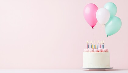 Festive birthday cake adorned with colorful balloons and candles, set against a soft pink backdrop