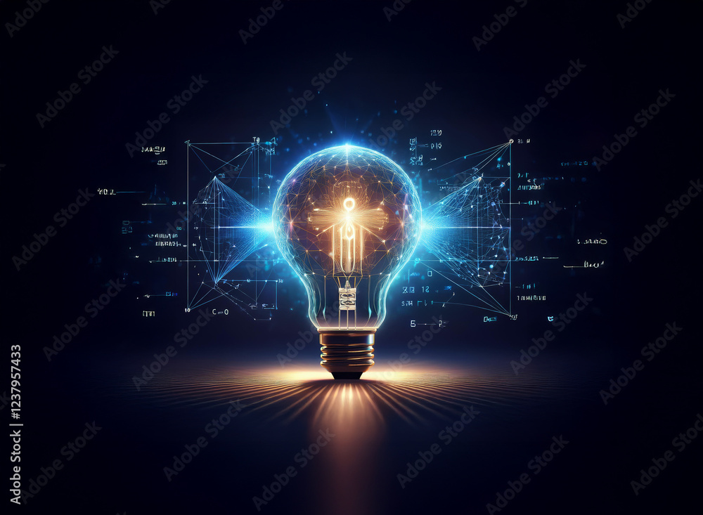 Poster a glowing lightbulb, intricately detailed with digital data and geometric patterns, symbolizes innov