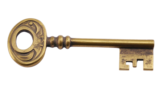 Old golden key opening mystery secrets with transparent background - Powered by Adobe