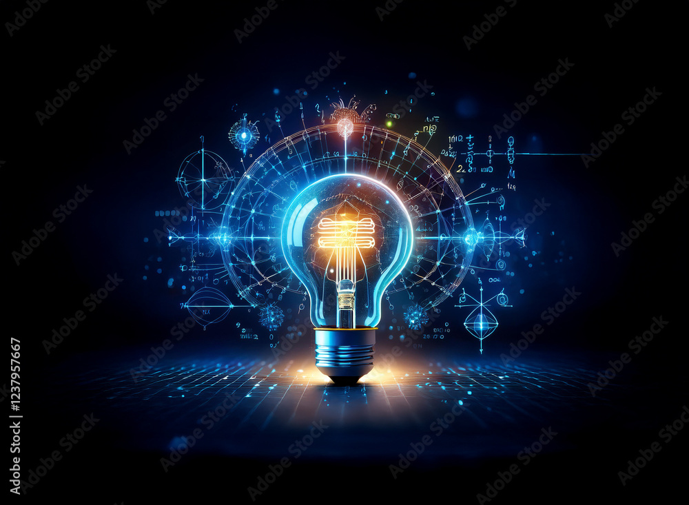 Poster A glowing lightbulb, encircled by swirling digital blueprints and geometric patterns, symbolizes innovation and technological advancement.  The image evokes creativity and problem-solving through tech
