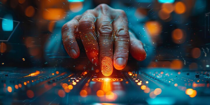 Close-up of a hand scanning a glowing fingerprint on a futuristic digital interface 