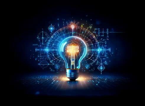 A glowing lightbulb, encircled by swirling digital blueprints and geometric patterns, symbolizes innovation and technological advancement.  The image evokes creativity and problem-solving through tech