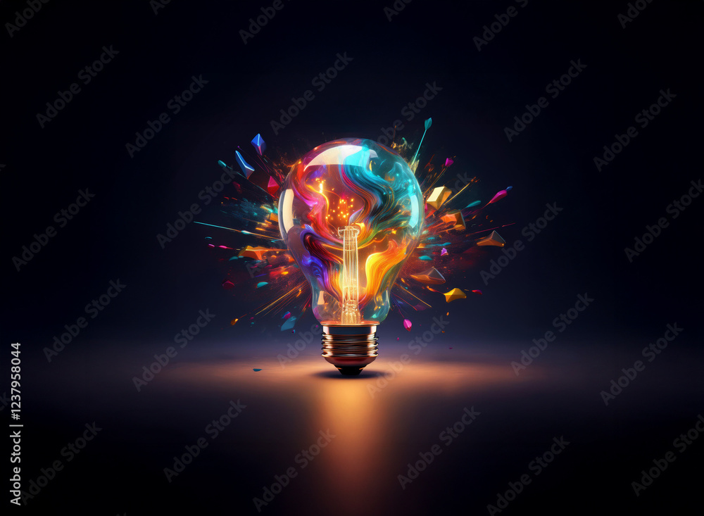 Poster a vibrant light bulb explodes with colorful, swirling paint, symbolizing creativity and bright ideas