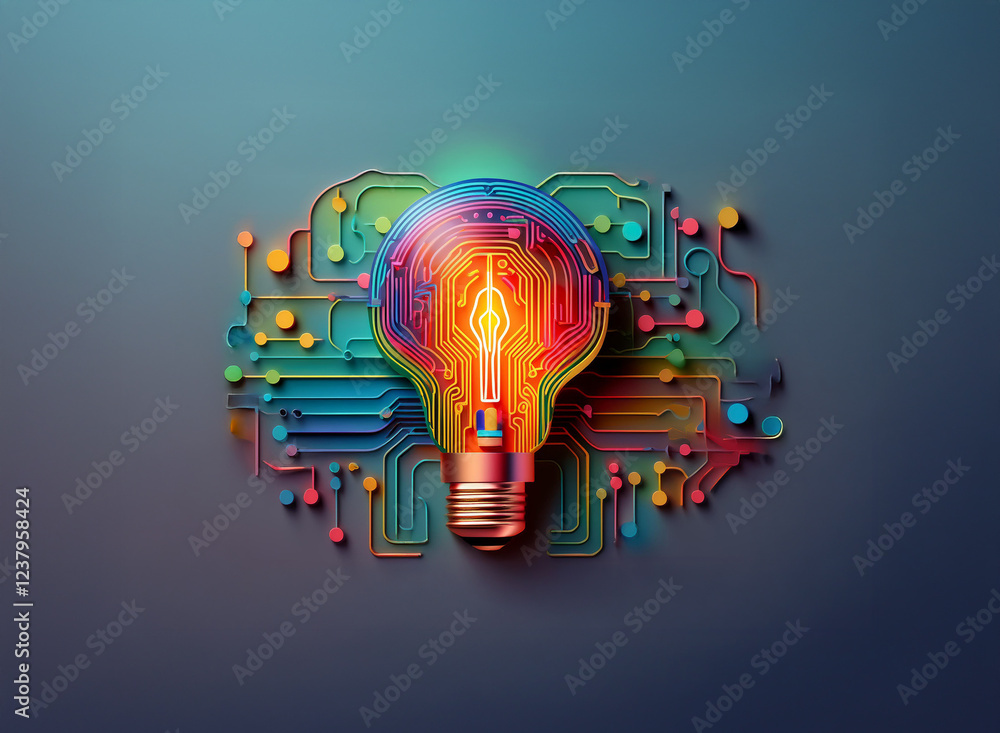 Poster a glowing lightbulb, intricately designed with colorful circuit board patterns, symbolizes innovatio