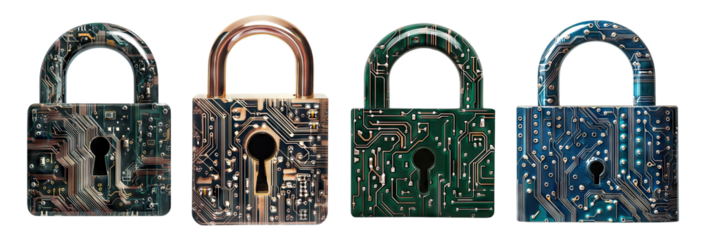 Set of digital padlocks with circuit board designs, isolated on transparent cutout background