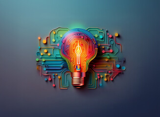 A glowing lightbulb, intricately designed with colorful circuit board patterns, symbolizes innovation and technological advancement.  The vibrant hues represent creativity and energy.
