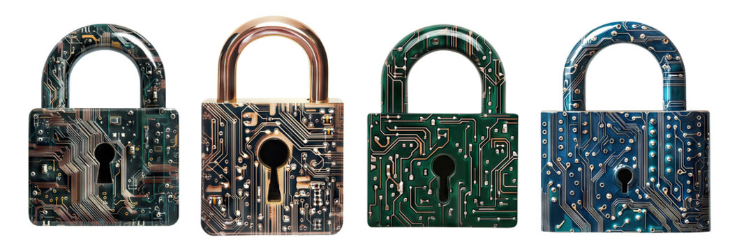 Set of digital padlocks with circuit board designs, isolated on transparent cutout background