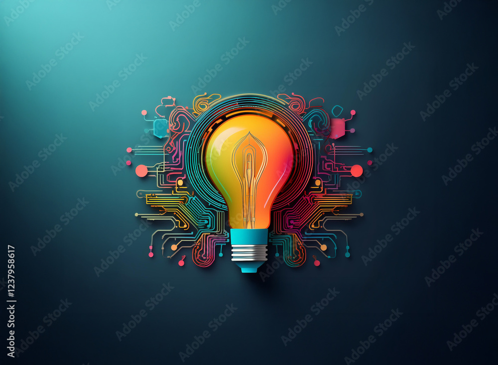 Poster A vibrant lightbulb, rendered in a digital style, is encircled by colorful circuit board patterns, symbolizing innovation and technological creativity.  The image evokes a sense of ingenuity and progr