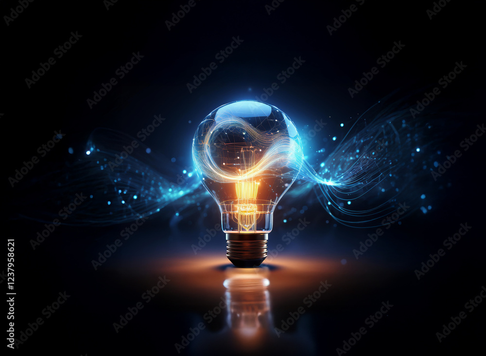 Poster a glowing lightbulb, filled with swirling blue energy, sits on a dark reflective surface. the energy