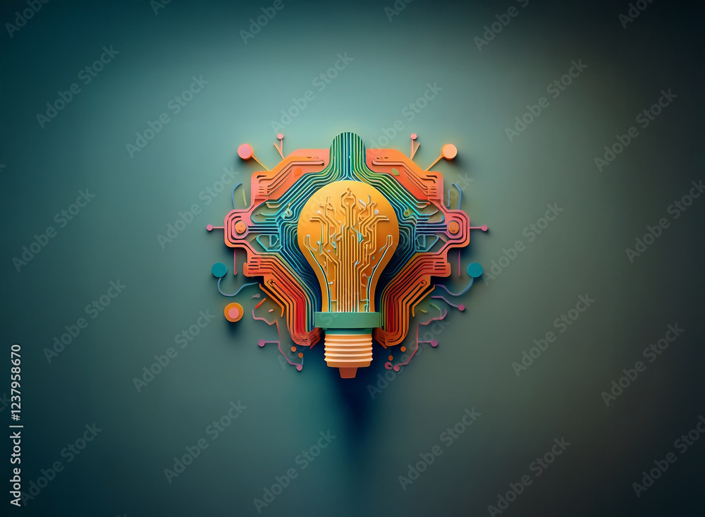 Poster a glowing lightbulb, intricately designed with circuit board patterns, symbolizes innovation and tec