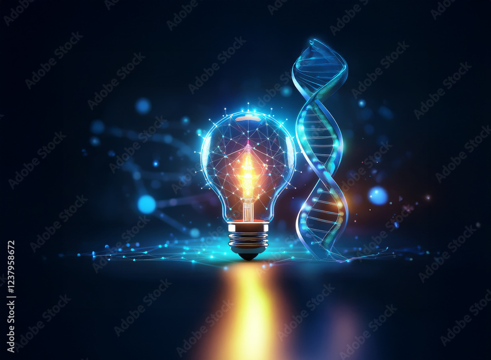 Poster a glowing lightbulb, symbolizing innovation, is interwoven with a dna double helix, representing gen