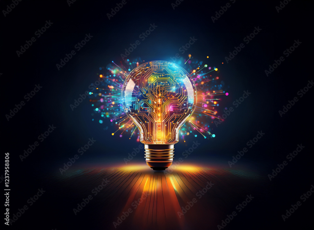 Poster a luminous lightbulb, filled with vibrant circuitry and exploding with colorful energy, symbolizes i
