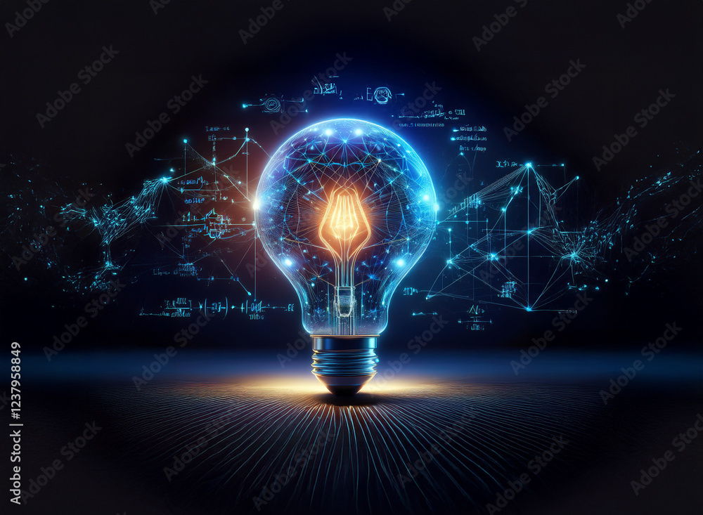Poster A glowing lightbulb, intricately connected by a network of data points, symbolizes innovation and technological advancement.  The image evokes a sense of brilliant ideas and problem-solving.