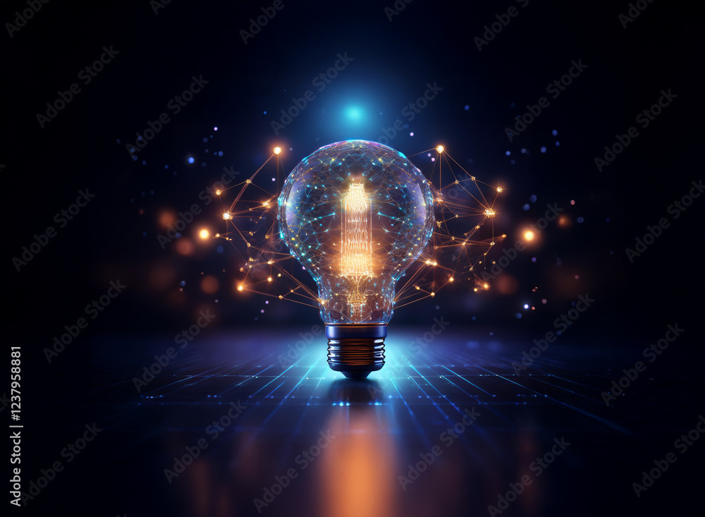 Poster a glowing lightbulb, composed of interconnected nodes, radiates energy and innovation within a dark,